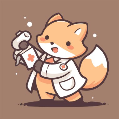 Şırınga ve beyaz üniformalı bir kediyle tıbbi kıyafetli komik bir çizgi film doktoru..