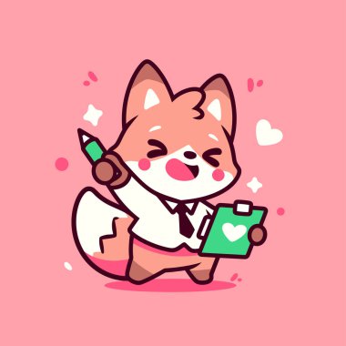 Elinde bir kalemi ve kalbi olan sevimli bir çizgi film köpeği.