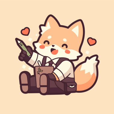 Takım elbiseli şirin çizgi film köpeğinin vektör çizimi elinde bavulla dizüstü bilgisayarı tutuyor..