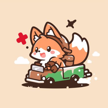 Oyuncak arabalı şirin tilkinin vektör çizimi