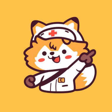 Hemşire şapkası takan ve elinde şırınga tutan sevimli bir köpek.