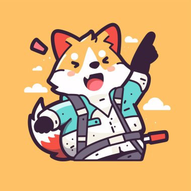 Sırt çantalı kırmızı ceketli şirin tilki karakteri..