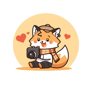 Şapkalı ve kameralı şirin tilki çizgi film çizimi. beyaz arkaplanda izole.