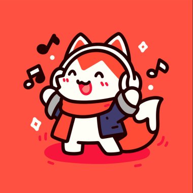 Kulaklık takmış müzik dinleyen sevimli bir kedi. vektör düz tasarım çizimi izole edildi.