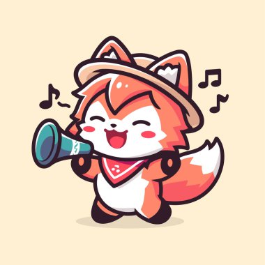 Davul çalan şirin tilki. karikatür hayvan karakteri çizimi.