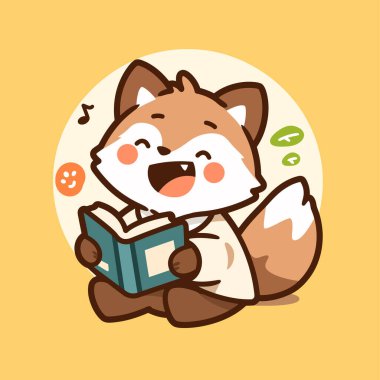 Vektör illüstrasyonu, beyaz bir arka planda oturan, kitap okuyan şirin bir tilki çizgi filmi..