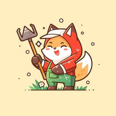 Süpürge ve kürek taşıyan sevimli tilki çizimi