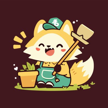 Vektör illüstrasyonu, süpürgeli şirin küçük tilki