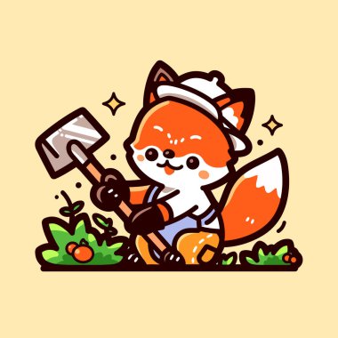 Vektör karikatür sevimli çizgi film sevimli küçük tilki alet ve kürek tutuyor. Beyaz arkaplanda izole edilmiş resim.