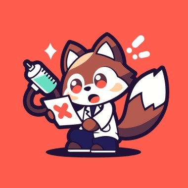 Şirin bir çizgi film karakteri elinde tatlı bir kediyle test tüpü tutuyor, vektör çizimi..