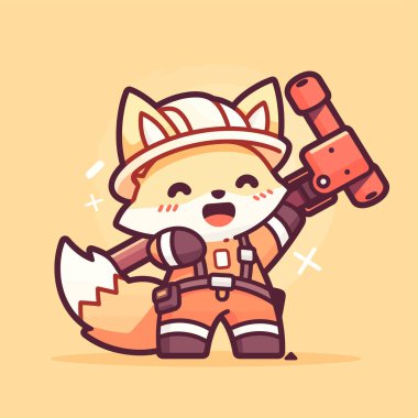 Elinde kürek tutan ve gülümseyen şirin tilkinin vektör çizimi. Elle çizilmiş sevimli hayvan karakteri..