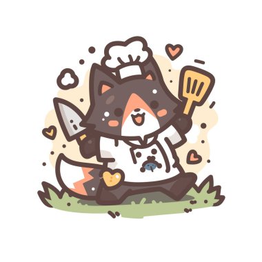 Elinde kürekle şef kostümü giymiş bir kedi..