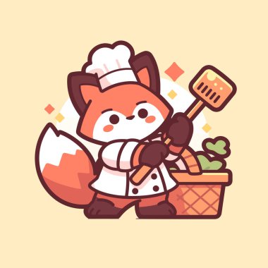 Sevimli bir çizgi film karakteri, kaşıkla tencere tutan bir şef.