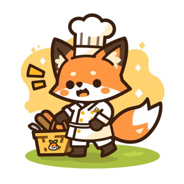 Bir çanta dolusu yiyeceği olan tatlı bir şef karakteri. Beyaz arkaplanda izole edilmiş vektör düz illüstrasyon.