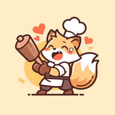 Şirin bir maskot ya da karakteri, şirin bir tilki gibi kucağında tutarak, yuvarlayarak ve gülümseyerek gösteren mutlu ve şirin bir çizgi film çizimi..