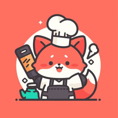 Önlüklü, şapkalı, akıllı telefonlu ve mutfağında yemek pişiren sevimli aşçı şefi. Düz çizim şeklinde vektör düz çizim. konsept