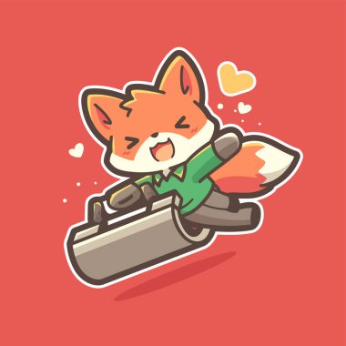 Çantalı sevimli kırmızı tilki çizgi filmi.