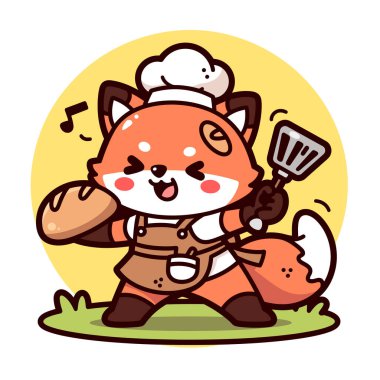 Mutlu çizgi film karakteri şirin kedi kostümlü bir şef elinde davulla.