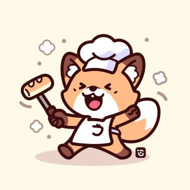 Şirin, gülümseyen bir şef elinde spatulayla gülümsüyor. yemek pişirmek.