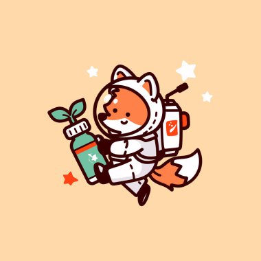 Bir poşet kahveyle şirin tilkinin vektör çizimi.