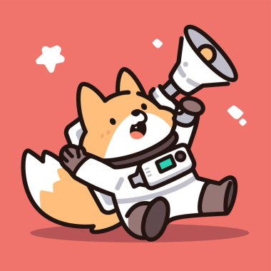 Megafonlu şirin tilki çizgi filmi. karikatür hayvan çizimi. Beyaz arkaplandaki izole vektör simgesi. Çocuklar için premium tasarım, maskot,