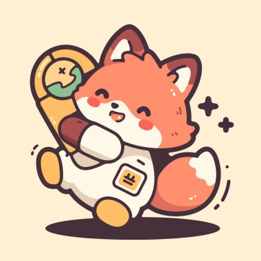 Şirin bir kawaii çizgi film karakteri, şirin bir tilki ve kedisi var..