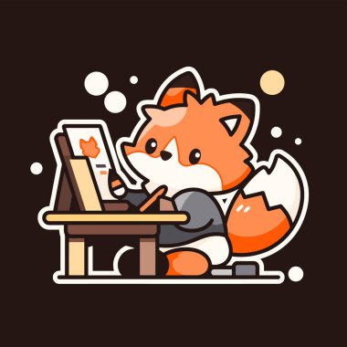 Dizüstü bilgisayardaki şirin tilkinin resmi. vektör illüstrasyonu