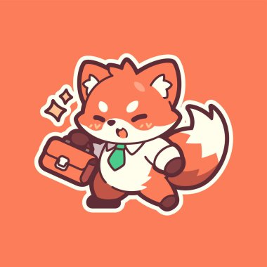 Bavulu ve tilkisi olan takım elbiseli şirin bir panda. vektör karikatür hayvan çizimi.