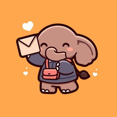 Küçük şirin fil elinde mektup tutuyor. Hayvan çizgi filmi. El çizimi vektör. Tişört, tebrik kartı, poster ya da davetiye olabilir..