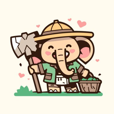 Büyük bir kürek tutan sevimli bir fil.