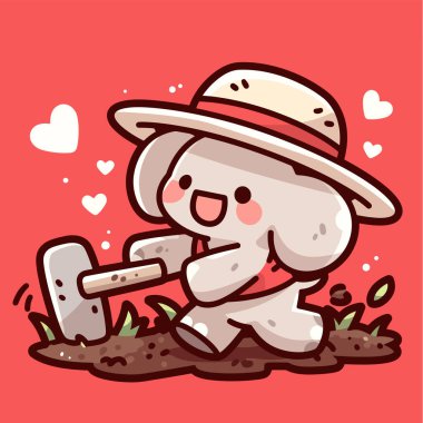 Küçük tavşan çizgi filminin vektör çizimi. Elinde kürek ve su kovası var.