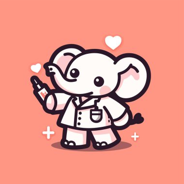 Sevimli bir el, elinde kalp tutan şirin bir filin çizimi.