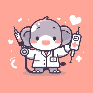 Steteskoplu ve şırıngalı şirin bir fil. vektör çizgi film karakteri çizimi. hayvan, veterinerlik kliniği.