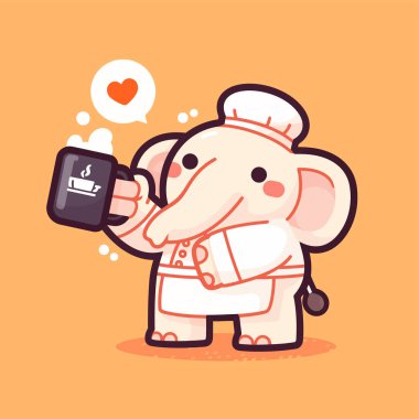 Vektör çizimi. Sevimli bir karikatür fili elinde akıllı bir telefonla bir kalp tutuyor..