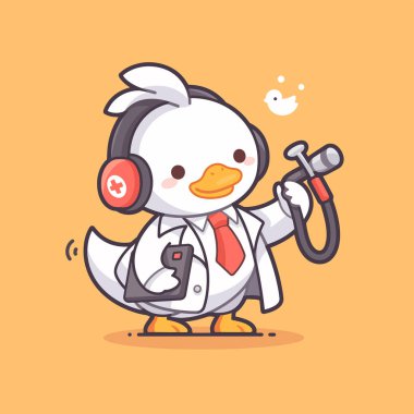 Şirin çizgi film karakteri yakışıklı doktor elinde bir mikrofon tutuyor ve gülümsüyor..