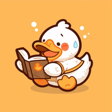 Kitap okuyan bir ördeğin sevimli çizgi film karakteri. Beyaz arka planda izole edilmiş. düz vektör illüstrasyonu