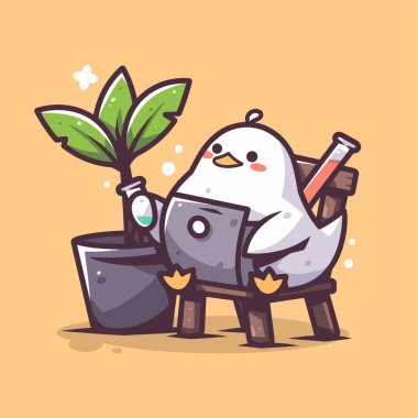 Elinde saksısı olan küçük sevimli bir kuş. Çizgi film karakteri. vektör illüstrasyonu