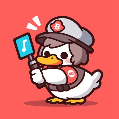 Elinde mikrofon tutan sevimli tavuk karakteri.