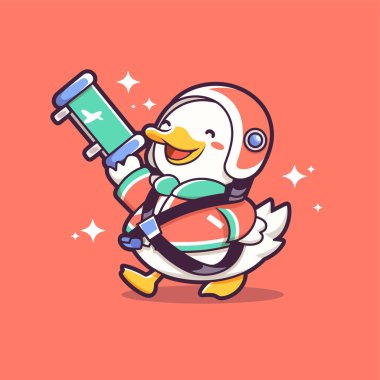 Elinde ördek olan sevimli bir astronot. El çizimi karikatür vektör çizimi. beyaz arkaplanda izole