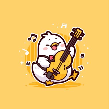 Güzel beyaz tavuk müzik çalıyor. Vektör çizimi. izole edilmiş beyaz arkaplan.