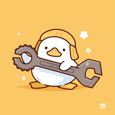 İngiliz anahtarı ve tornavida tutan sevimli tavuk karakteri. vektör illüstrasyonu