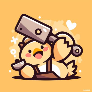 Çizgi film karakteri çizimi, çizgi film karakteri bıçaklı tavuk karakteri ve tahta arka planda kürek, mutlu cadılar bayramı kavramı.