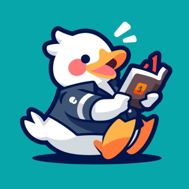 Tatlı penguen çizgi filminin vektör çizimi kitap okuyor ve elinde turuncu bir kupa tutuyor.