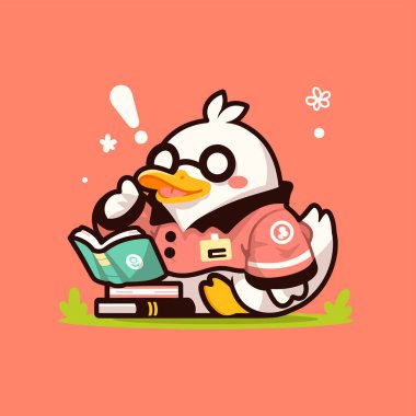 vektör karikatür çizimi. Kitaplı ve notlarını okuyan sevimli bir penguen karakteri. Pembe arkaplanda izole.