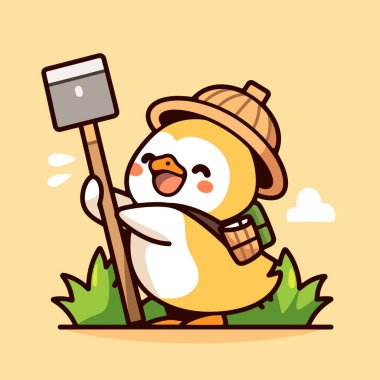 Elinde kürek tutan sevimli tavuk karakteri..