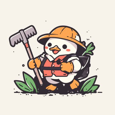 Küçük sevimli bahçıvan elinde kürek tutuyor. beyaz arkaplanda izole edilmiş karikatür çizimi. Tasarımınız için vektör illüstrasyonu.