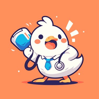 Sevimli çizgi film karakteri yakışıklı doktor elinde bir şişe hap tutuyor..