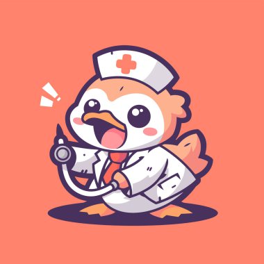 Elinde stetoskop tutan sevimli tavuk karakteri.