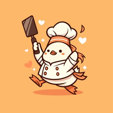 Sevimli tavuk şefi elinde çatal tutuyor, vektör çizimi.