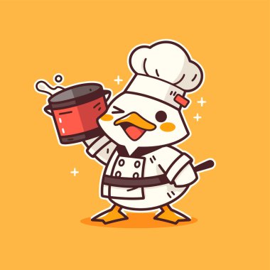 Çizgi film karakterinin vektör çizimi. Elinde bir fincan kahve tutan tavuk karakteri.